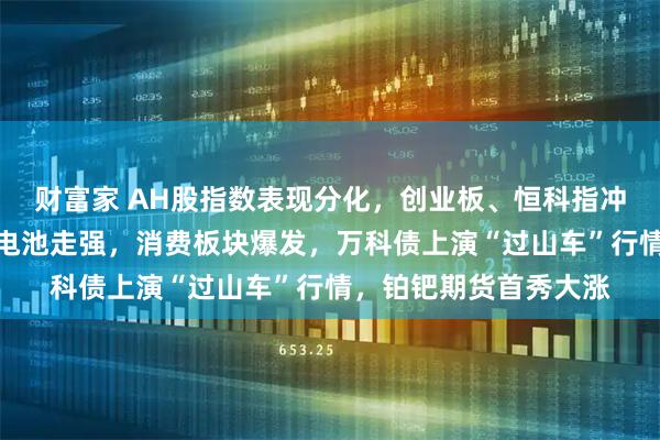 财富家 AH股指数表现分化，创业板、恒科指冲高回落，锂电、固态电池走强，消费板块爆发，万科债上演“过山车”行情，铂钯期货首秀大涨